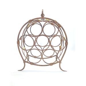 Vtg Wrought Iron Wine Rack Holder Amber Glass Barware Rustic Mediterranean 13.5"